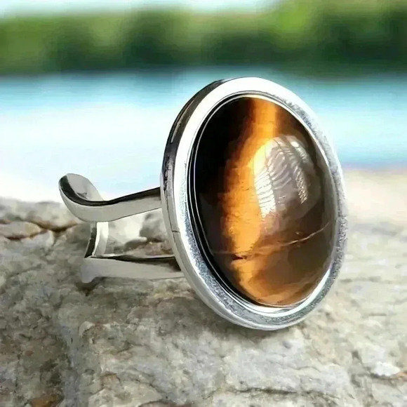 🆕️Boho Chic Tiger Eye Gemstone Ring - Adjustable Titanium Steel Tribal Style 🌟 - Picture 1 of 13